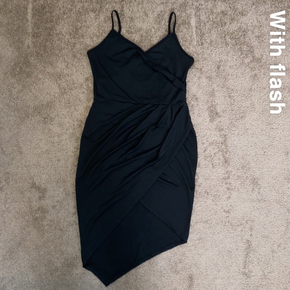 Black cocktail party asymmetrical dress with crisscross back, medium/large - Picture 2 of 12